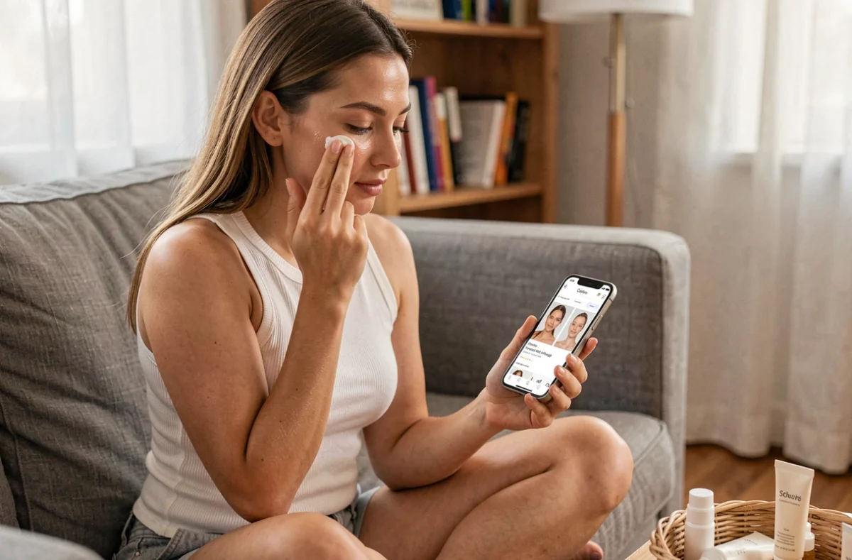 Jeune femme appliquant une crème visage en consultant une boutique de cosmétiques en ligne sur son smartphone