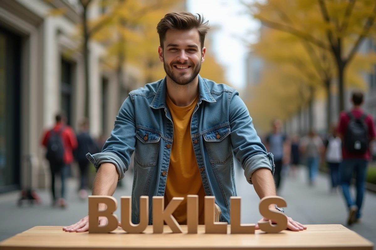 Jeune homme organisant des mots dans une place urbaine