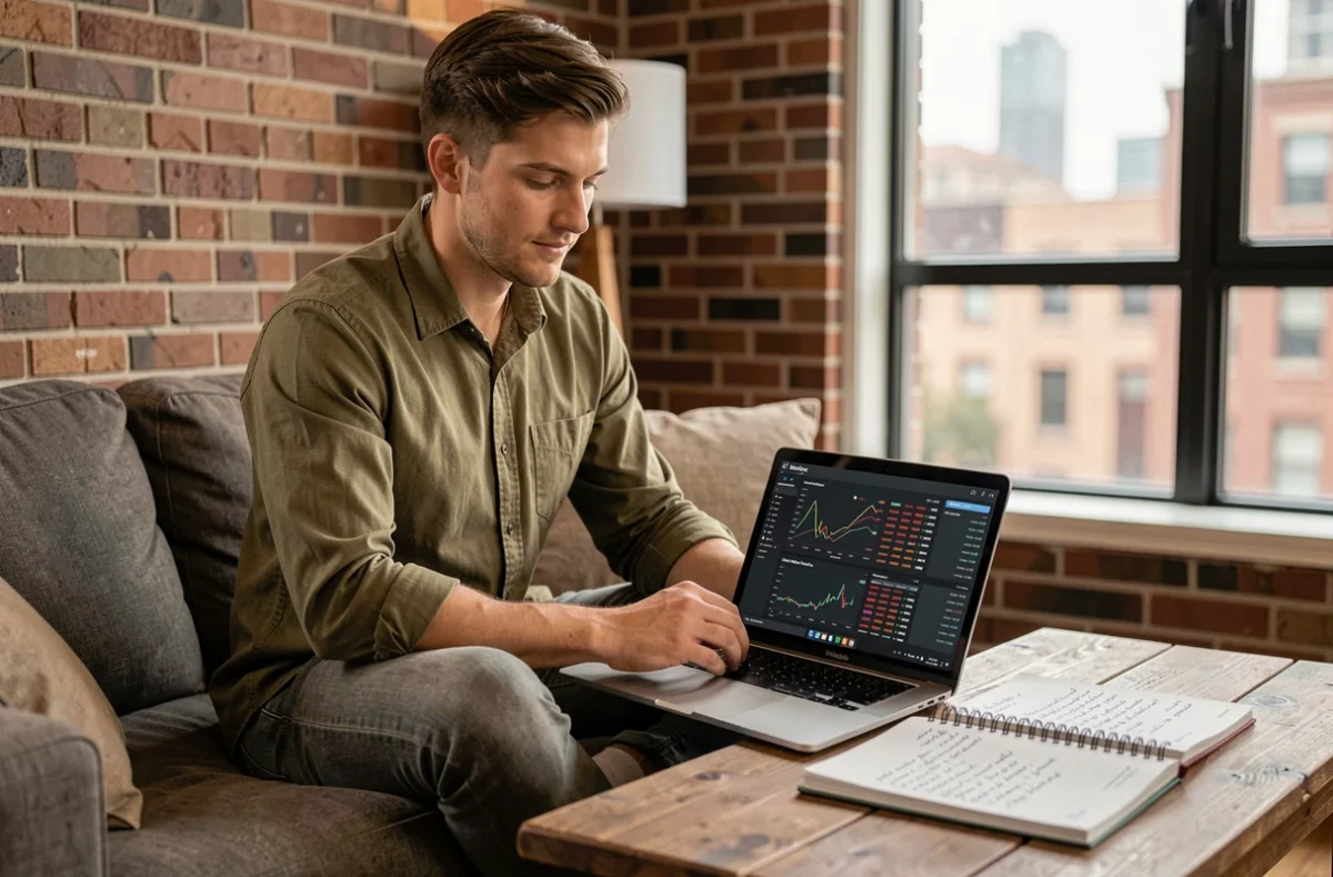 Jeune homme consultant un tableau de bord boursier sur son ordinateur portable depuis son appartement pour ses premiers investissements