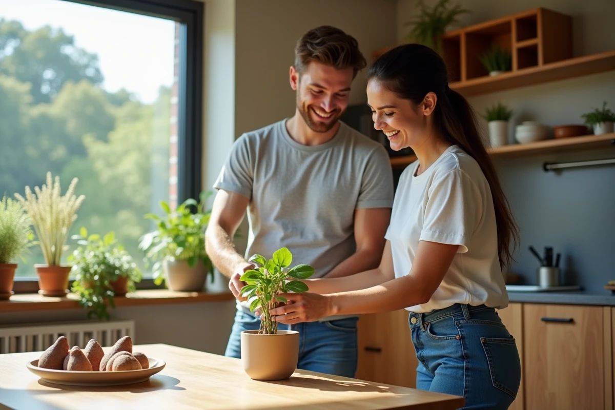 Jeune couple riant en plantant une plante dans la cuisine lumineuse