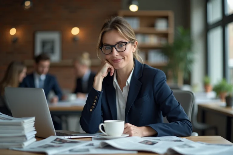 Journaliste femme lisant les actualités du jour dans une salle de rédaction moderne