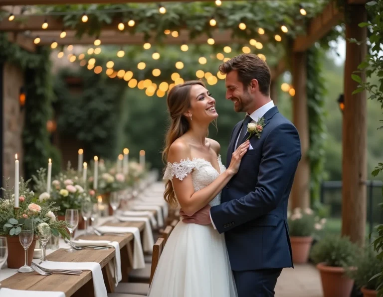 Couple de mariés souriant lors d'une réception de mariage champêtre en plein air, décorée de fleurs sauvages et de bougies