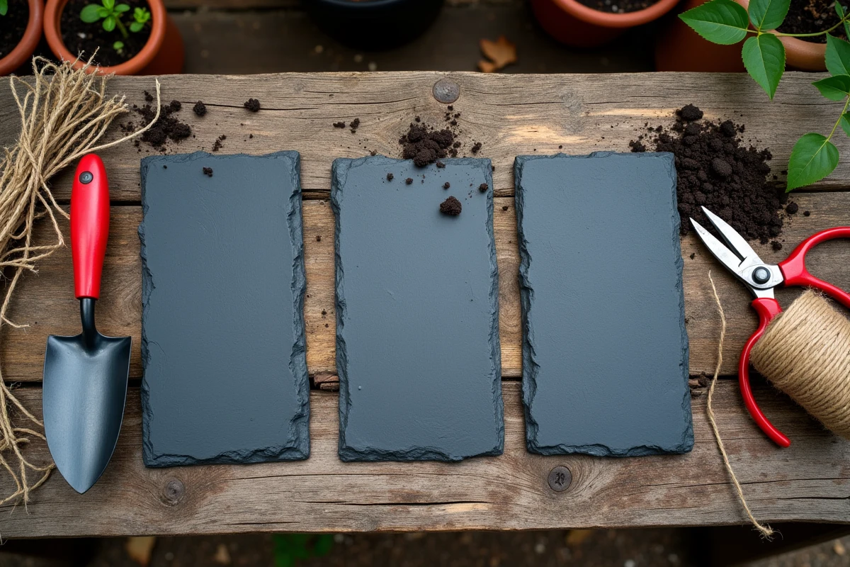 Vue de dessus des outils et piquets de schiste prêts pour la pose au jardin