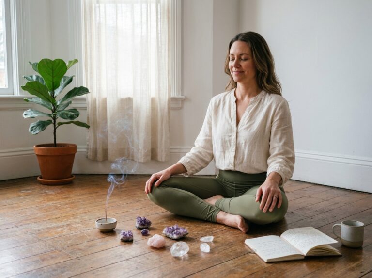Femme pratiquant une méditation spirituelle entourée de cristaux et d'encens dans un appartement minimaliste, illustrant la frontière entre rituels quotidiens et dépendances douces