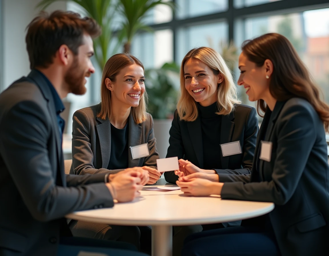 Groupe de professionnels échangeant des cartes de visite lors d'un événement de networking B2B dans un espace moderne de type salon professionnel