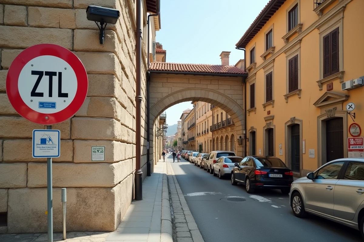 Panneau de zone ZTL et caméra de contrôle à l'entrée du centre historique de Palerme
