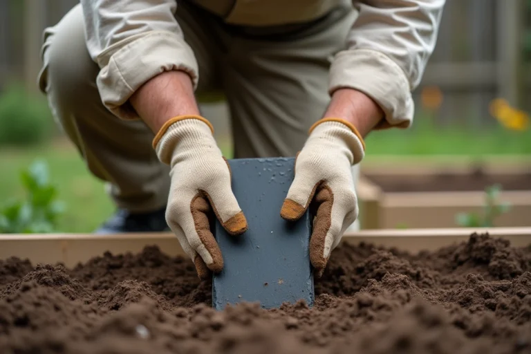 Homme jardiner enfonçant un piquet de schiste dans la terre d'un potager