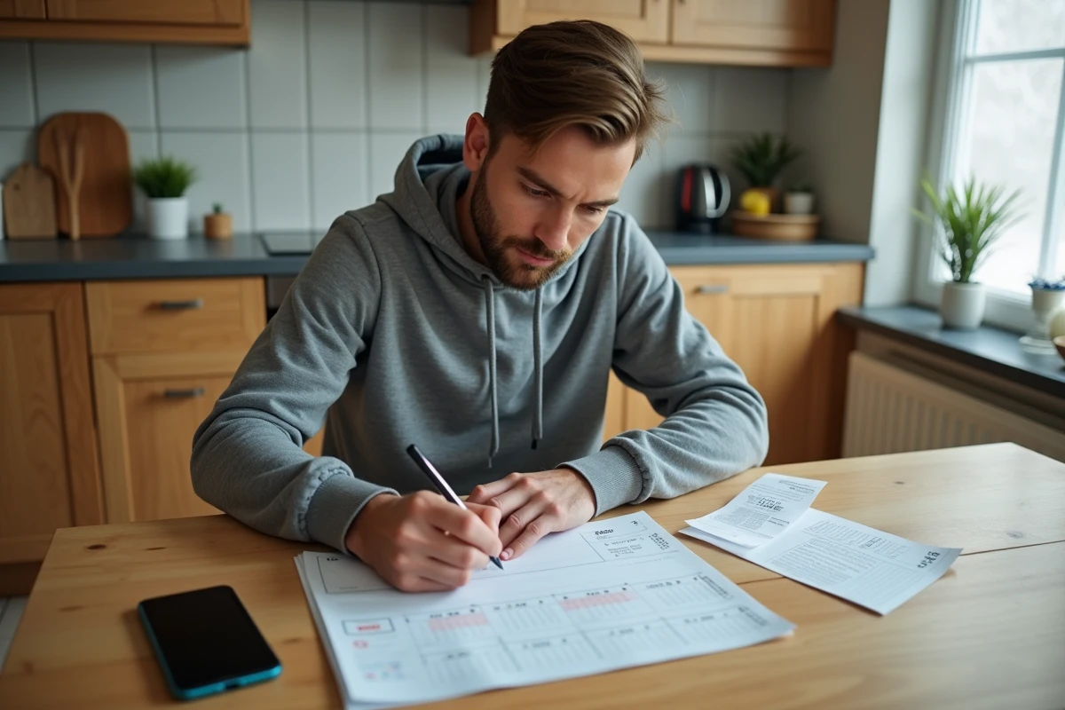 Homme remplissant un chèque différé à la maison avec un calendrier 2026 des dates Leclerc