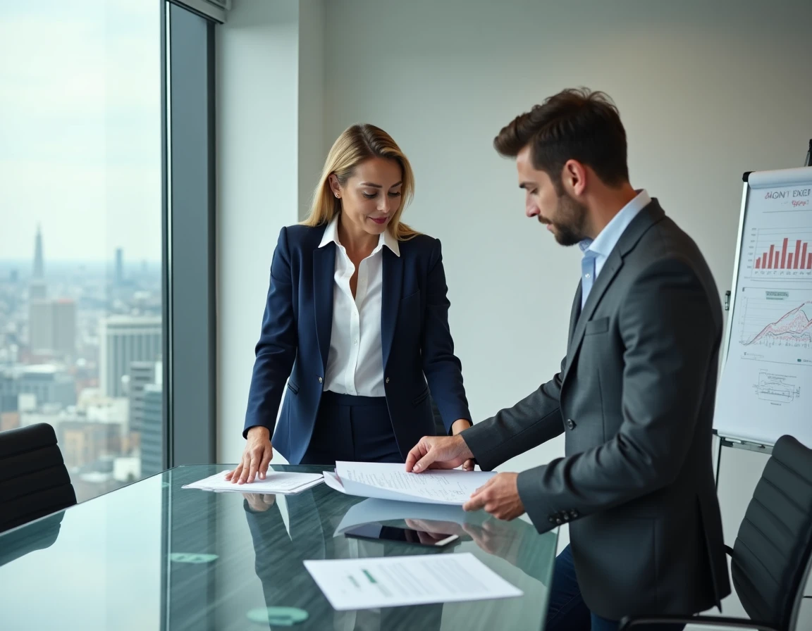 Deux professionnels en réunion B2B discutant d'une stratégie de développement commercial dans une salle de conférence moderne avec vue sur la ville