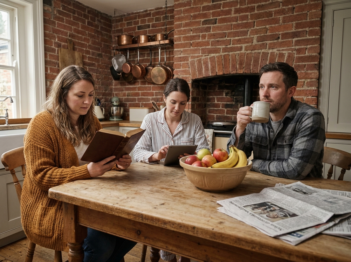 Trois adultes réunis autour d'une table de cuisine le dimanche matin, mêlant lecture religieuse, écrans et café, illustrant la coexistence des rituels modernes et spirituels dans la vie familiale