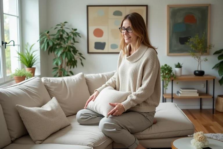 Femme arrangeant un coussin dans un salon lumineux et moderne