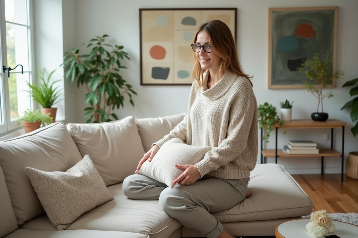 Femme arrangeant un coussin dans un salon lumineux et moderne
