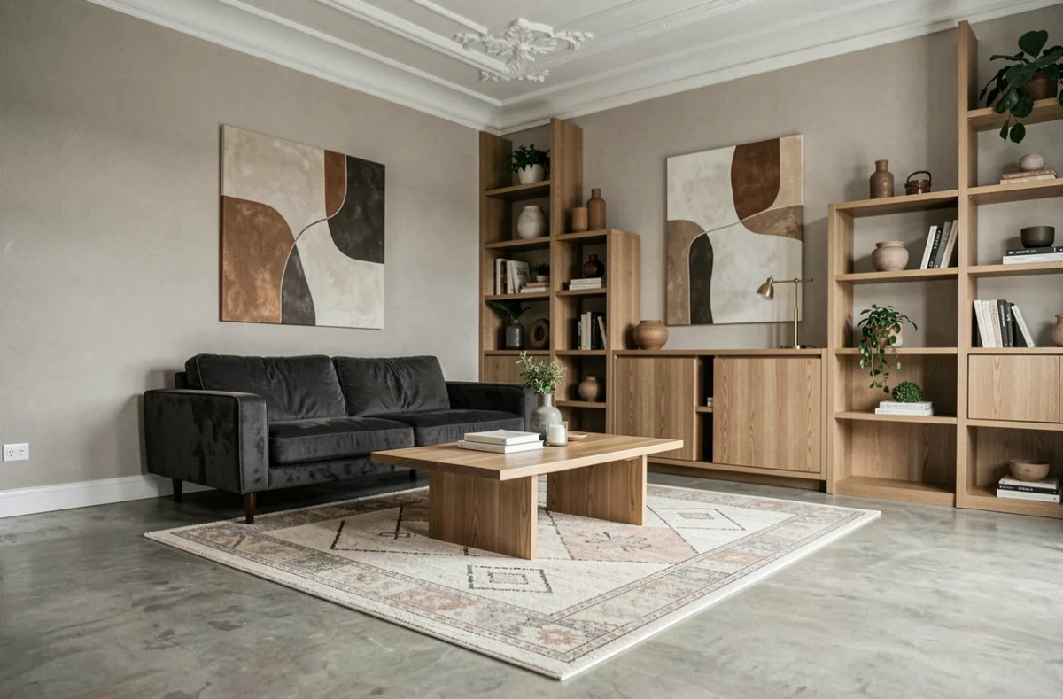 Salon moderne entièrement rénové grâce à l'intervention d'une décoratrice d'intérieur professionnelle