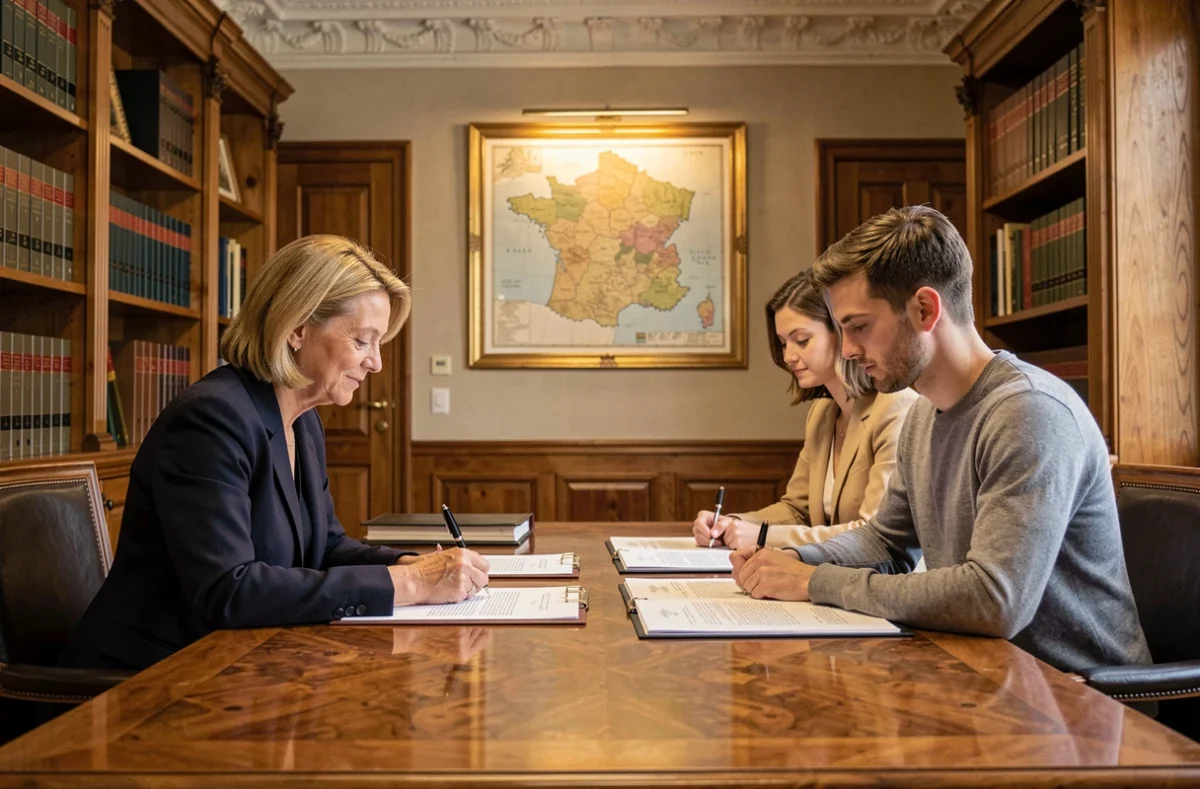 Signature d'un acte de vente immobilière chez le notaire en France entre un couple et une professionnelle