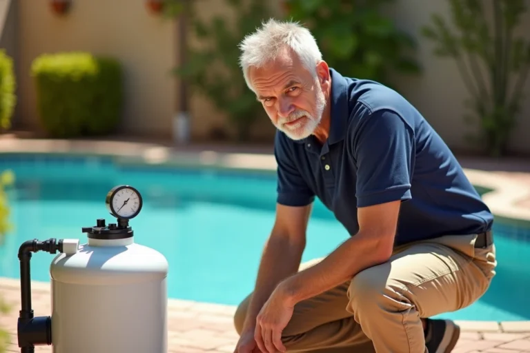 Technicien de piscine inspectant le manomètre d'un filtre à sable à basse pression dans un jardin résidentiel