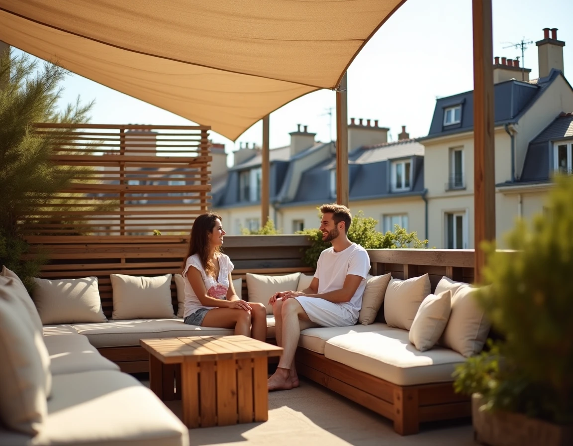 Couple profitant d'une terrasse privée en hauteur aménagée avec des voiles d'ombrage et des lames en bois pour se protéger des regards indiscrets