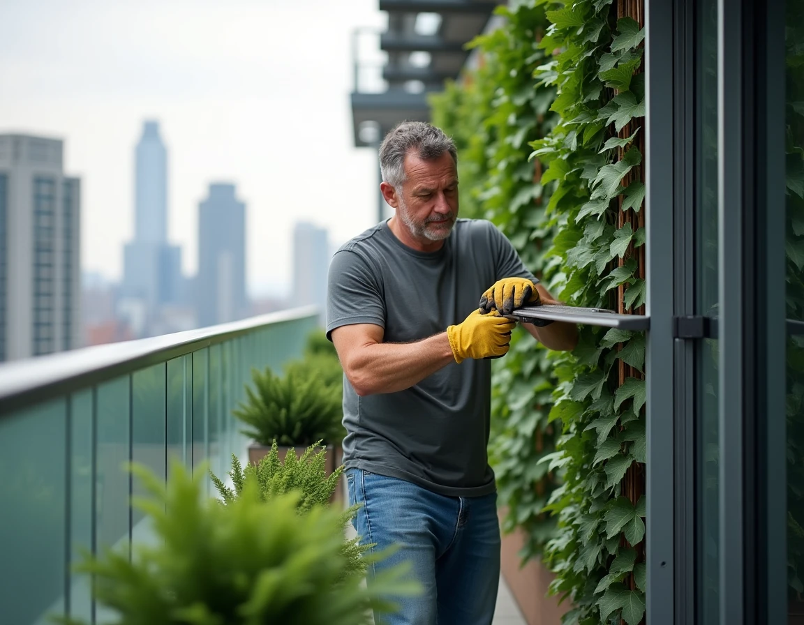 Homme fixant un treillis végétal sur un balcon en hauteur d'un immeuble moderne pour créer un écran de protection visuelle