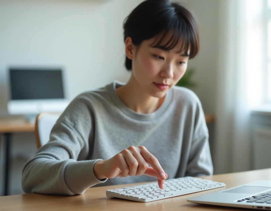 Femme appuyant sur la touche M d'un clavier QWERTY dans un bureau minimaliste